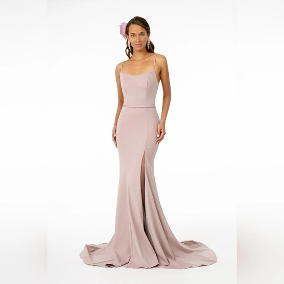 GL2670 Elizabeth K Rome Jersey Illusion Side Slit Long Dress Fabric - Picture 1 of 12